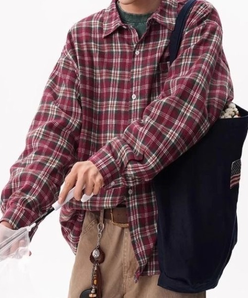 SHERU(シェル)の「ヴィンテージ調ルーズシルエットチェック長袖シャツ(シャツ/ブラウス・レディース・グレー/グリーン/レッド・M)」の18枚目の写真
