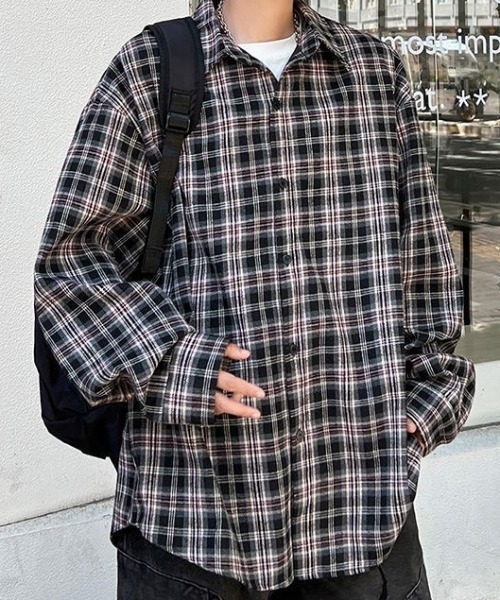 SHERU(シェル)の「ヴィンテージ調ルーズシルエットチェック長袖シャツ(シャツ/ブラウス・レディース・グレー/グリーン/レッド・M)」の9枚目の写真
