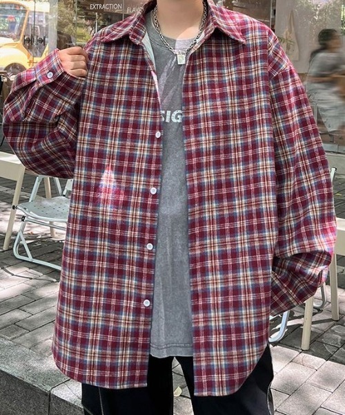 SHERU(シェル)の「ヴィンテージ調ルーズシルエットチェック長袖シャツ(シャツ/ブラウス・レディース・グレー/グリーン/レッド・M)」の10枚目の写真