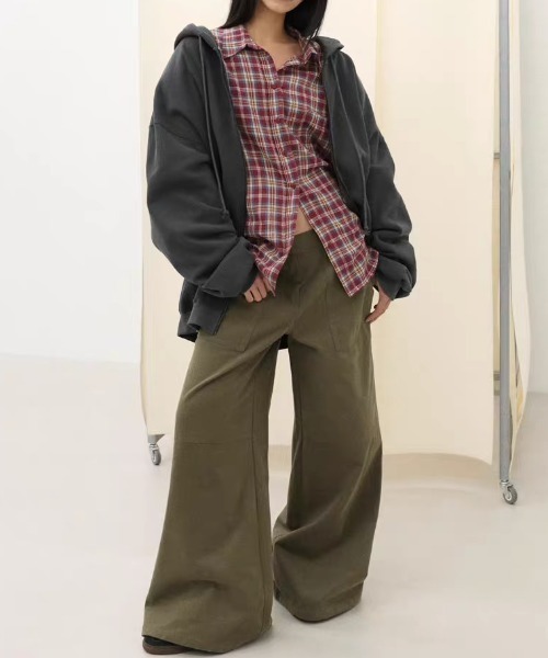 SHERU(シェル)の「ヴィンテージ調ルーズシルエットチェック長袖シャツ(シャツ/ブラウス・レディース・グレー/グリーン/レッド・M)」の12枚目の写真