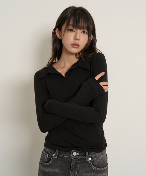 PEPLEE(ペプリー)の「オープンカラー長袖(ブラック)(Tシャツ/カットソー・レディース・その他・FREE)」の1枚目の写真