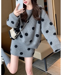 レトロドットニットトップス×スカートセット