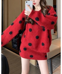レトロドットニットトップス×スカートセット