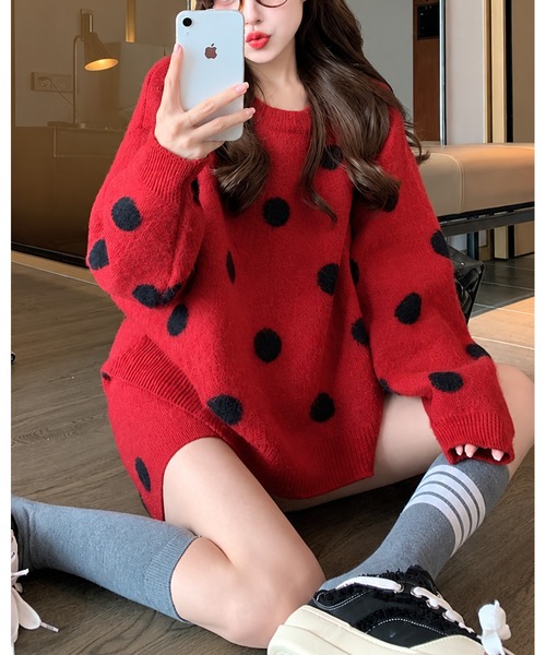 inst.ALL(インストール)の「レトロドットニットトップス×スカートセット(セットアップ・レディース・レッド/グレー/ブラック・M)」の10枚目の写真