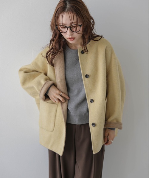 La-gemme(ラジェム)の「ノーカラー リバーシブルコート/ウール78%/配色/ふんわり起毛(その他アウター・レディース・ピンク系その他/ベージュ系その他/ブラウン系その他・フリー)」の9枚目の写真