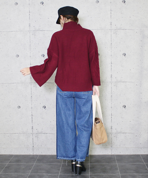 reca（レカ）の「アラン編みベル袖ハイネックニット（ニット/セーター・レディース・レッド系その他/ブラック/ライトベージュ・M）」の6枚目の写真