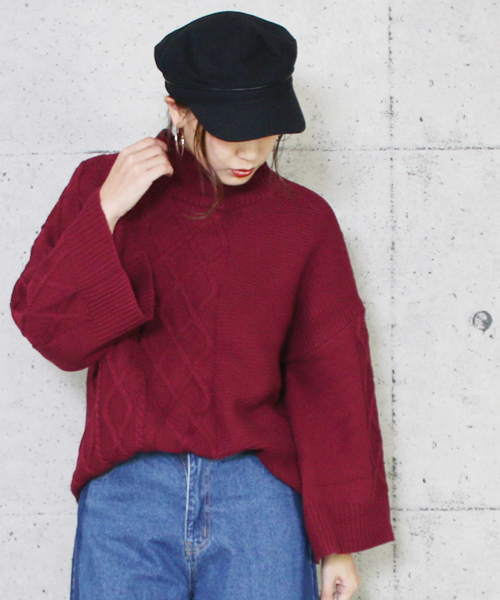 reca（レカ）の「アラン編みベル袖ハイネックニット（ニット/セーター・レディース・レッド系その他/ブラック/ライトベージュ・M）」の22枚目の写真
