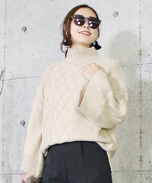 reca（レカ）の「アラン編みベル袖ハイネックニット（ニット/セーター・レディース・レッド系その他/ブラック/ライトベージュ・M）」の17枚目の写真