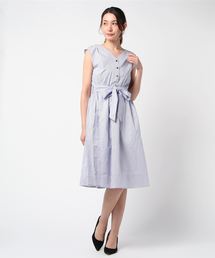 フロントボタン使い ストライプギャザーワンピース