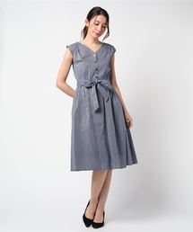 フロントボタン使い ストライプギャザーワンピース