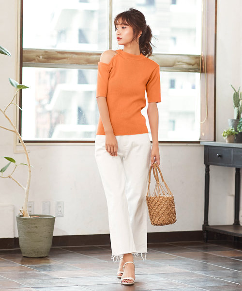 KOBE LETTUCE（コウベレタス）の「アシンメトリーリブコットン半袖サマーニット（ニット/セーター・レディース・ブラック/オフホワイト/ベージュ系その他/オレンジ系その他・FREE）」の6枚目の写真