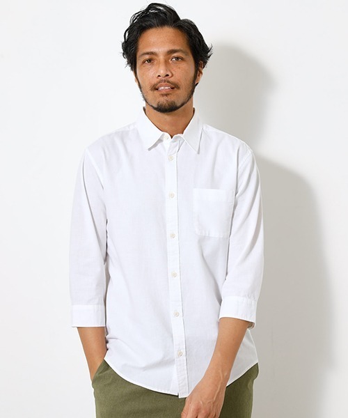 AZUL by moussy（アズールバイマウジー）の「LINEN 3/4 SLEEVE SHIRT/リネン3/4スリーブシャツ（シャツ/ブラウス・メンズ・ライトブラック/ブラック系その他/ホワイト/ライトピンク/ライトカーキ・MEDIUM/SMALL/LARGE/X-LARGE）」の2枚目の写真