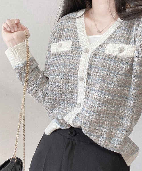 SONA（ソナ）の「SONYUNARA ミックスツイード配色カーディガン（カーディガン/ボレロ・レディース・ライトブルー/アイボリー・FREE）」の3枚目の写真