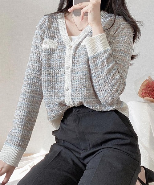 SONA（ソナ）の「SONYUNARA ミックスツイード配色カーディガン（カーディガン/ボレロ・レディース・ライトブルー/アイボリー・FREE）」の14枚目の写真