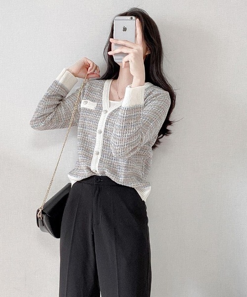 SONA（ソナ）の「SONYUNARA ミックスツイード配色カーディガン（カーディガン/ボレロ・レディース・ライトブルー/アイボリー・FREE）」の5枚目の写真