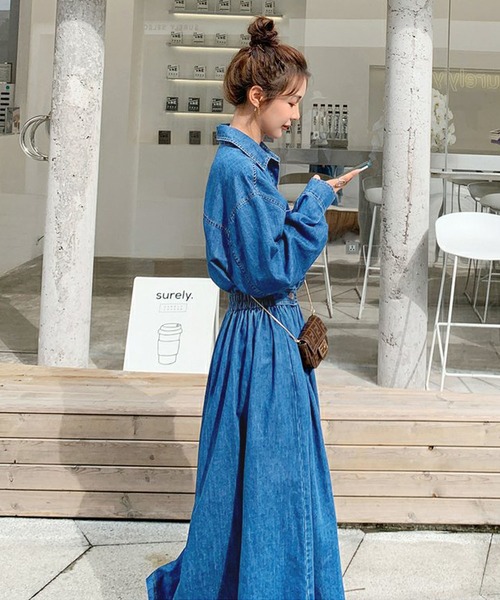 【セール】デニムフレアロングワンピース（ワンピース）｜Doula Doula（ドゥーラドゥーラ）