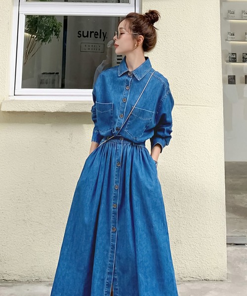 【セール】デニムフレアロングワンピース（ワンピース）｜Doula Doula（ドゥーラドゥーラ）