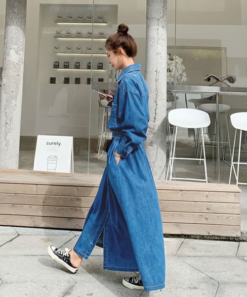 【セール】デニムフレアロングワンピース（ワンピース）｜Doula Doula（ドゥーラドゥーラ）