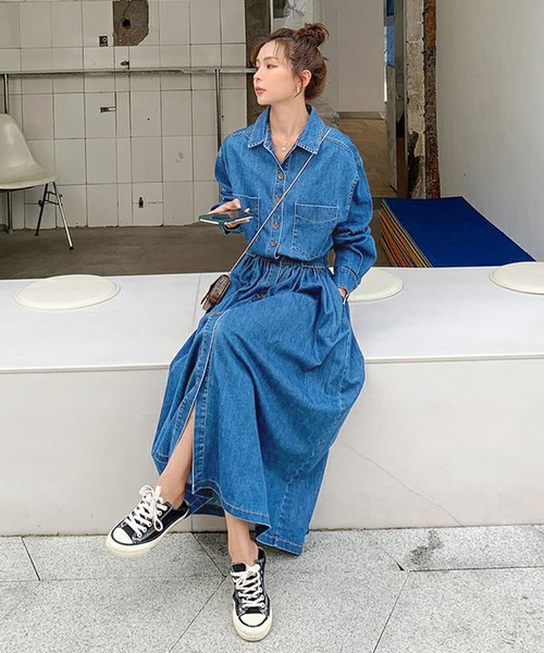 【セール】デニムフレアロングワンピース（ワンピース）｜Doula Doula（ドゥーラドゥーラ）