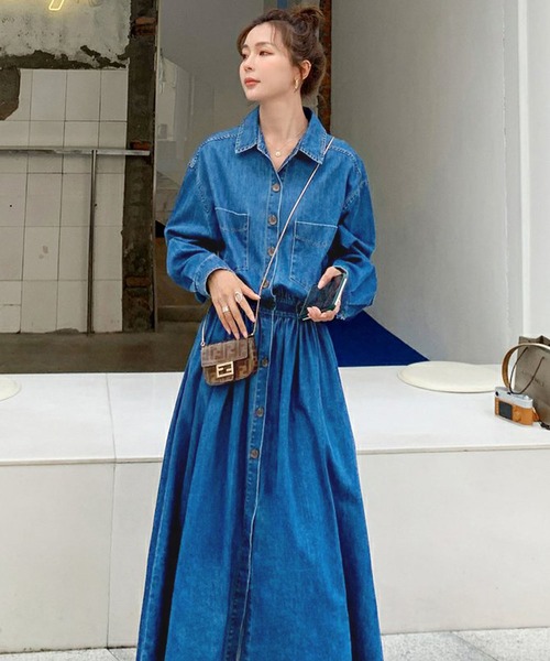 Rirandture✨美品 デニム ロングワンピース フレア Aライン M Rirandture✨美品 デニム ロングワンピース フレア Aライン M