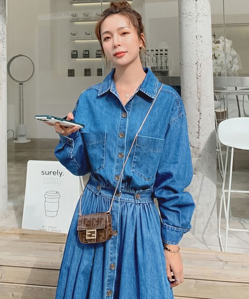 【セール】デニムフレアロングワンピース（ワンピース）｜Doula Doula（ドゥーラドゥーラ）