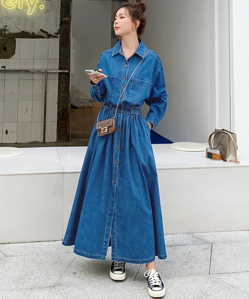 【セール】デニムフレアロングワンピース（ワンピース）｜Doula Doula（ドゥーラドゥーラ）