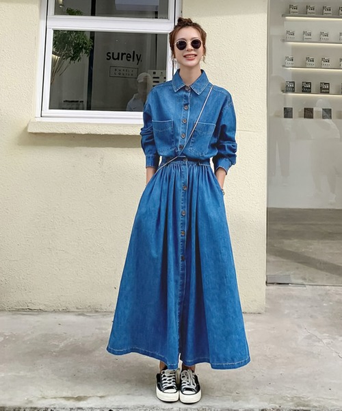 【セール】デニムフレアロングワンピース（ワンピース）｜Doula Doula（ドゥーラドゥーラ）