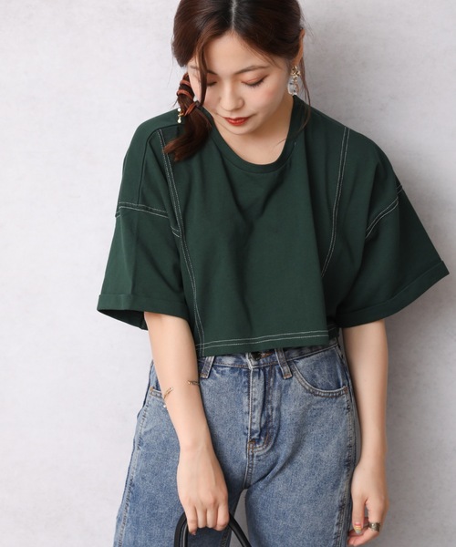 Bonjour Sagan(ボンジュールサガン)の「配色ステッチちびTEE【ZOZO限定アイテム】(Tシャツ/カットソー・レディース・ブラック/ダークオレンジ/ベージュ/グリーン/ダークグリーン/オフホワイト・FREE)」の16枚目の写真