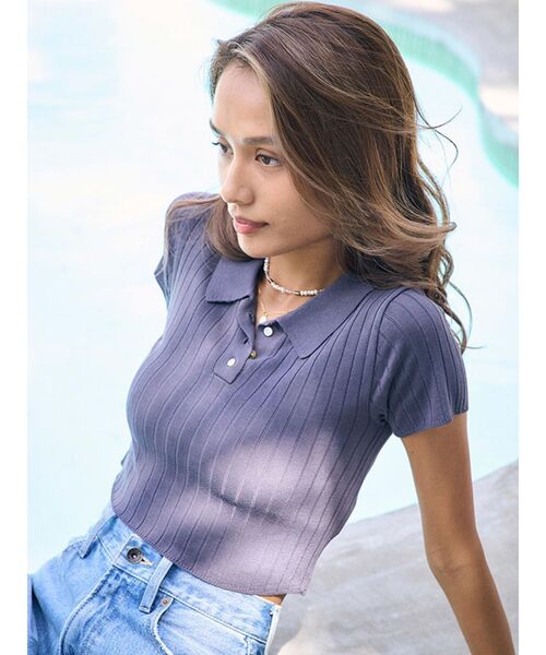 To the sea(トゥーザシー)の「ニットポロTシャツ(Tシャツ/カットソー・レディース・ブラック/ライトグリーン/アイボリー・FREE)」の4枚目の写真