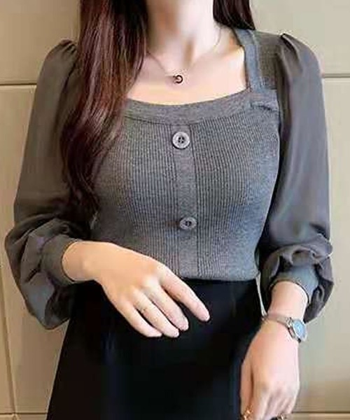 Primazel（プリマゼル）の「スクエアネック シアーシフォンスリーブ 長袖プルオーバー（Tシャツ/カットソー・レディース・ホワイト/ブラック/ブラウン/グレー/ブルー・M）」の15枚目の写真