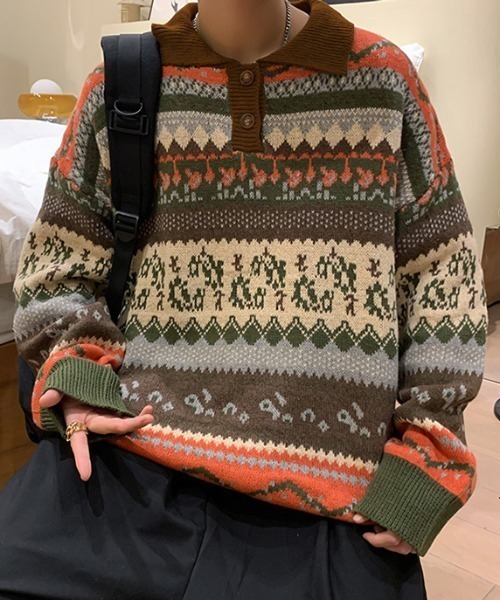 MGV（エムジーヴィー）の「レトロ調ルーズシルエットニットポロ（ニット/セーター・メンズ・ネイビー/カーキ・MEDIUM/LARGE/X-LARGE）」の19枚目の写真