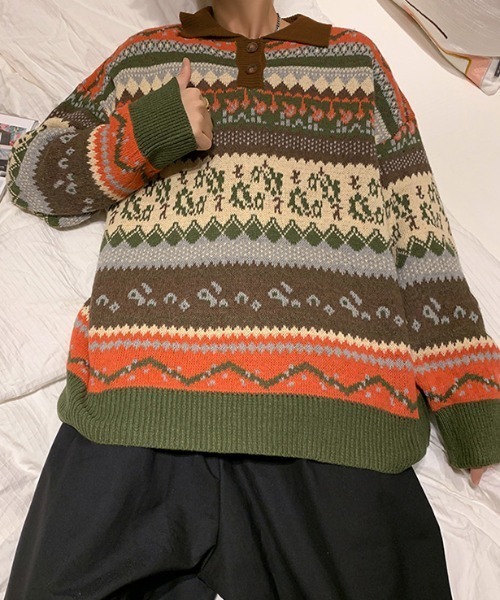 MGV（エムジーヴィー）の「レトロ調ルーズシルエットニットポロ（ニット/セーター・メンズ・ネイビー/カーキ・MEDIUM/LARGE/X-LARGE）」の4枚目の写真