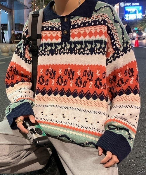 MGV（エムジーヴィー）の「レトロ調ルーズシルエットニットポロ（ニット/セーター・メンズ・ネイビー/カーキ・MEDIUM/LARGE/X-LARGE）」の6枚目の写真