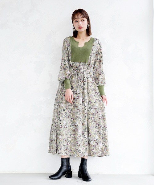 ENNEA（エンネア）の「【手洗いできる】ニット切り替えボタニカルプリントキーネックワンピース（ワンピース・レディース・オフホワイト/ブラック/ライトグリーン・38）」の3枚目の写真