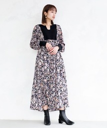 ENNEA | 【手洗いできる】ニット切り替えボタニカルプリントキーネックワンピース(ワンピース)