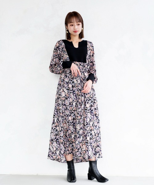 ENNEA（エンネア）の「【手洗いできる】ニット切り替えボタニカルプリントキーネックワンピース（ワンピース・レディース・オフホワイト/ブラック/ライトグリーン・38）」の18枚目の写真