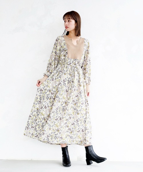 ENNEA（エンネア）の「【手洗いできる】ニット切り替えボタニカルプリントキーネックワンピース（ワンピース・レディース・オフホワイト/ブラック/ライトグリーン・38）」の7枚目の写真