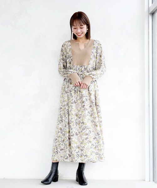 ENNEA（エンネア）の「【手洗いできる】ニット切り替えボタニカルプリントキーネックワンピース（ワンピース・レディース・オフホワイト/ブラック/ライトグリーン・38）」の8枚目の写真