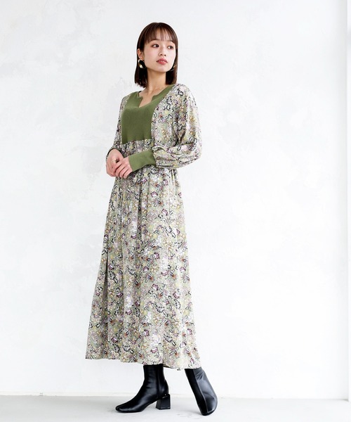 ENNEA（エンネア）の「【手洗いできる】ニット切り替えボタニカルプリントキーネックワンピース（ワンピース・レディース・オフホワイト/ブラック/ライトグリーン・38）」の10枚目の写真