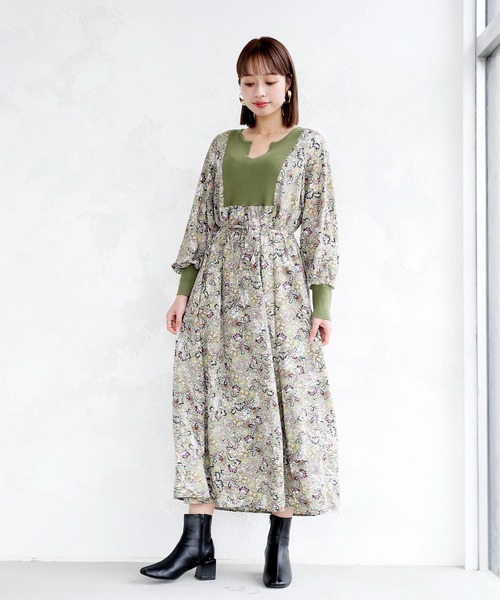 ENNEA（エンネア）の「【手洗いできる】ニット切り替えボタニカルプリントキーネックワンピース（ワンピース・レディース・オフホワイト/ブラック/ライトグリーン・38）」の13枚目の写真