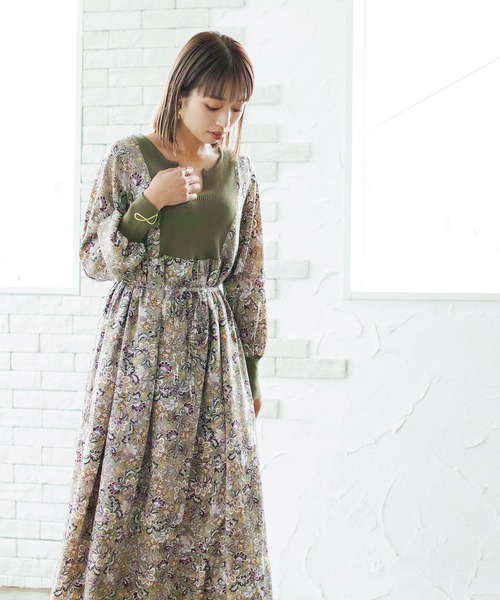 ENNEA（エンネア）の「【手洗いできる】ニット切り替えボタニカルプリントキーネックワンピース（ワンピース・レディース・オフホワイト/ブラック/ライトグリーン・38）」の14枚目の写真