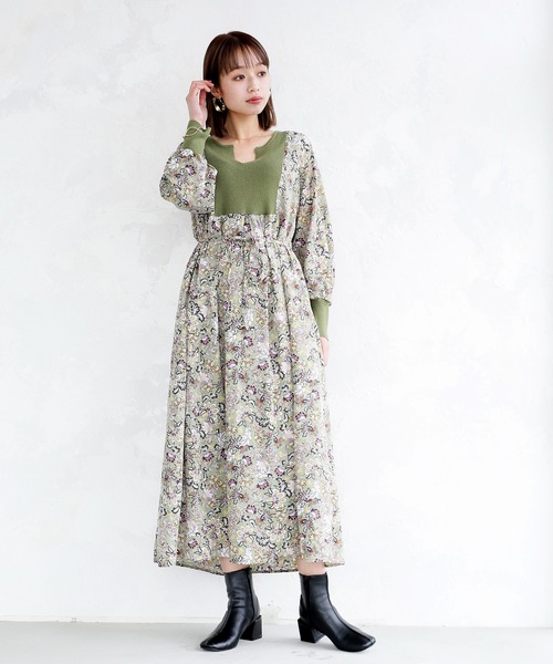 ENNEA（エンネア）の「【手洗いできる】ニット切り替えボタニカルプリントキーネックワンピース（ワンピース・レディース・オフホワイト/ブラック/ライトグリーン・38）」の15枚目の写真
