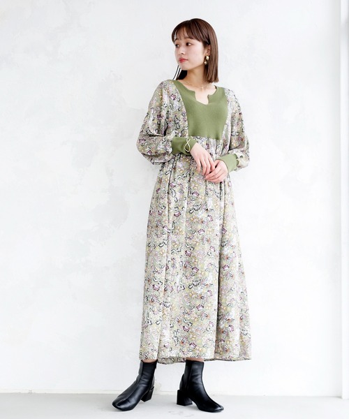 ENNEA（エンネア）の「【手洗いできる】ニット切り替えボタニカルプリントキーネックワンピース（ワンピース・レディース・オフホワイト/ブラック/ライトグリーン・38）」の17枚目の写真