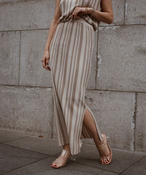 esutoreja（エストレジャ）の「2カラーストライプスカート（スカート・レディース・グリーン/アイボリー/ブラック・FREE）」の2枚目の写真