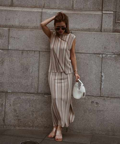 esutoreja（エストレジャ）の「2カラーストライプスカート（スカート・レディース・グリーン/アイボリー/ブラック・FREE）」の4枚目の写真