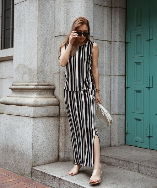 esutoreja（エストレジャ）の「2カラーストライプスカート（スカート・レディース・グリーン/アイボリー/ブラック・FREE）」の8枚目の写真