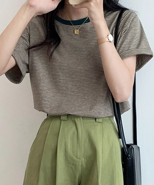 DAY CLOSET(デイ クローゼット)の「レディース 半袖ロールアップドロップショルダーボーダートップス(Tシャツ/カットソー・レディース・ブラック/グリーン/イエロー・L/M)」の11枚目の写真