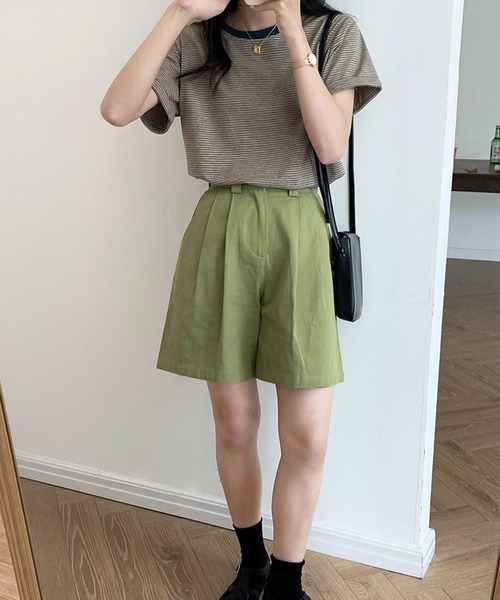 DAY CLOSET(デイ クローゼット)の「レディース 半袖ロールアップドロップショルダーボーダートップス(Tシャツ/カットソー・レディース・ブラック/グリーン/イエロー・L/M)」の10枚目の写真