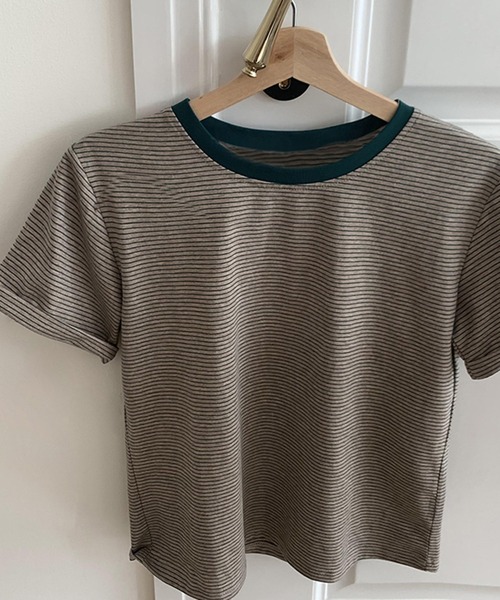 DAY CLOSET(デイ クローゼット)の「レディース 半袖ロールアップドロップショルダーボーダートップス(Tシャツ/カットソー・レディース・ブラック/グリーン/イエロー・L/M)」の9枚目の写真