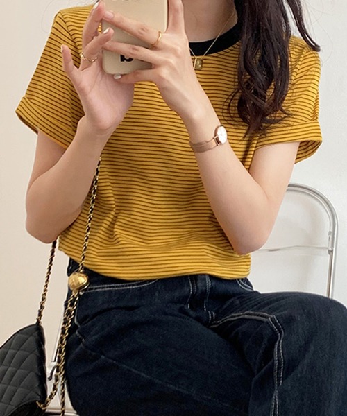 DAY CLOSET(デイ クローゼット)の「レディース 半袖ロールアップドロップショルダーボーダートップス(Tシャツ/カットソー・レディース・ブラック/グリーン/イエロー・L/M)」の5枚目の写真